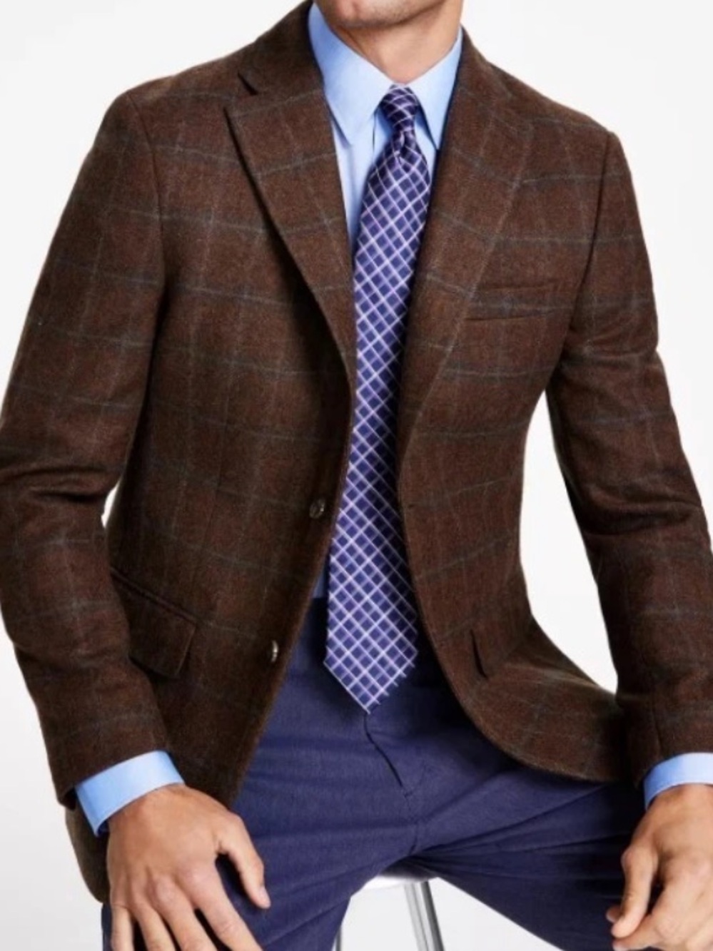 Burberry Dark Brown Baby Blue Windowpane Plaid Sport Coat Wool 42S Kensington